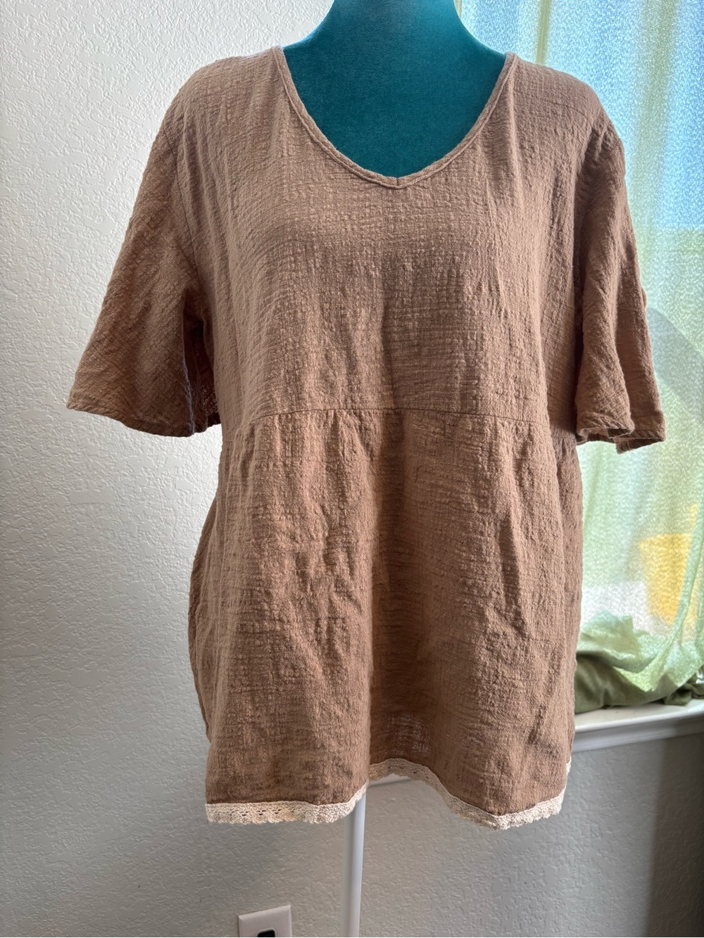 Roommate brown boho peasant blouse in a gorgeous 100% cotton textured gauze 1X